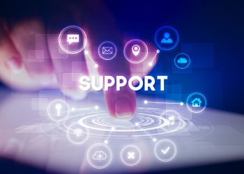 Finger touching tablet with web technology icons and SUPPORT inscription, web technology concept